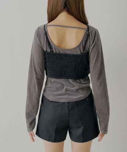 【Chico】荷葉邊吊帶+天鵝絨上衣套裝