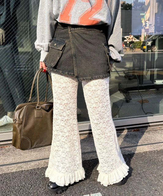 磨毛蕾絲拼接荷葉邊闊腿褲