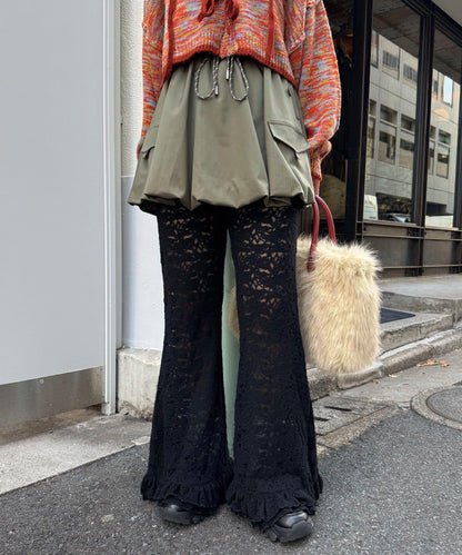 磨毛蕾絲拼接荷葉邊闊腿褲