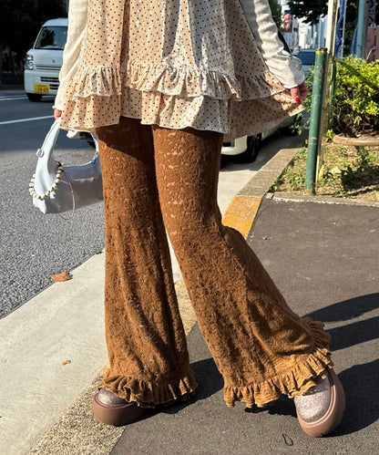 磨毛蕾絲拼接荷葉邊闊腿褲