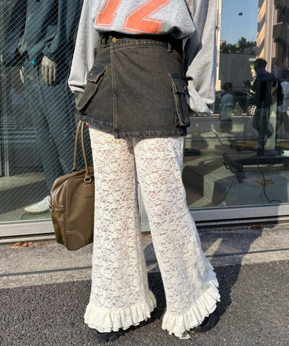 磨毛蕾絲拼接荷葉邊闊腿褲