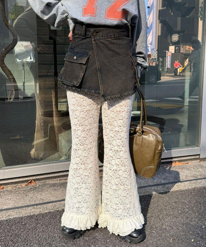 磨毛蕾絲拼接荷葉邊闊腿褲