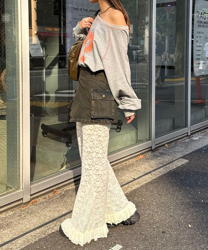 磨毛蕾絲拼接荷葉邊闊腿褲