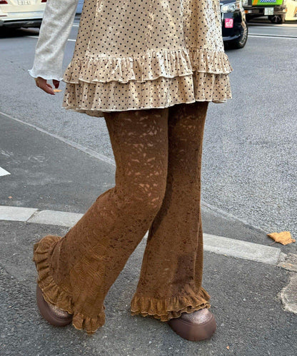 磨毛蕾絲拼接荷葉邊闊腿褲