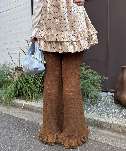 磨毛蕾絲拼接荷葉邊闊腿褲