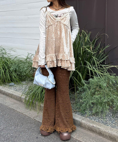 磨毛蕾絲拼接荷葉邊闊腿褲
