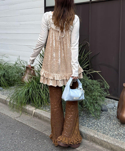 磨毛蕾絲拼接荷葉邊闊腿褲