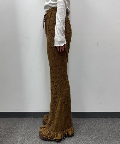 磨毛蕾絲拼接荷葉邊闊腿褲