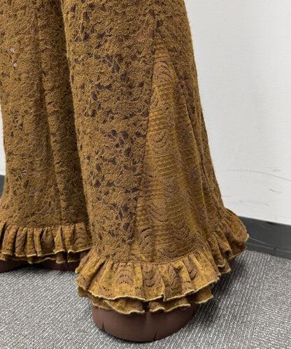 磨毛蕾絲拼接荷葉邊闊腿褲