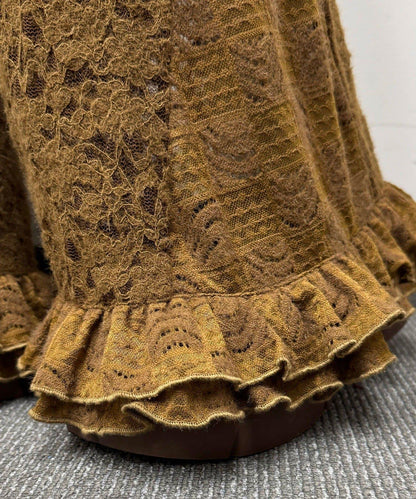 磨毛蕾絲拼接荷葉邊闊腿褲