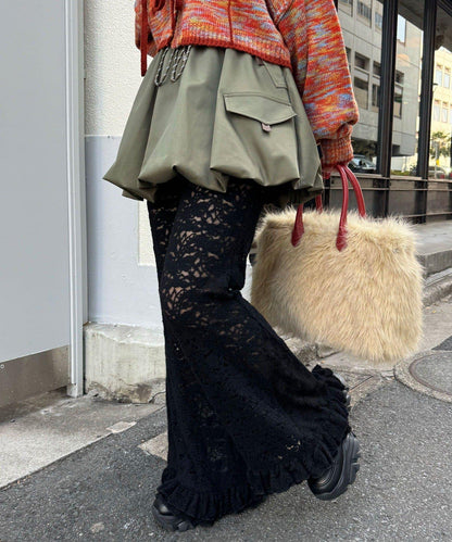 磨毛蕾絲拼接荷葉邊闊腿褲