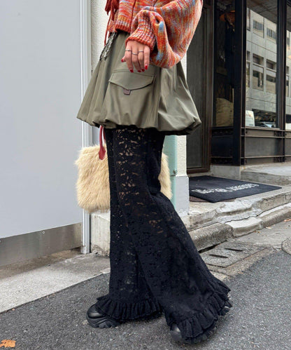 磨毛蕾絲拼接荷葉邊闊腿褲