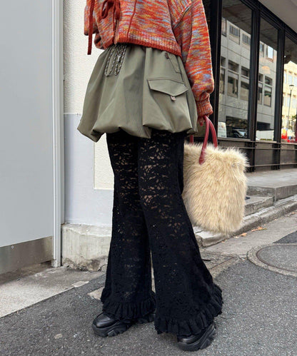 磨毛蕾絲拼接荷葉邊闊腿褲