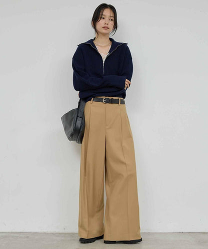 【近日開始】無腰帶褶皺寬腿褲