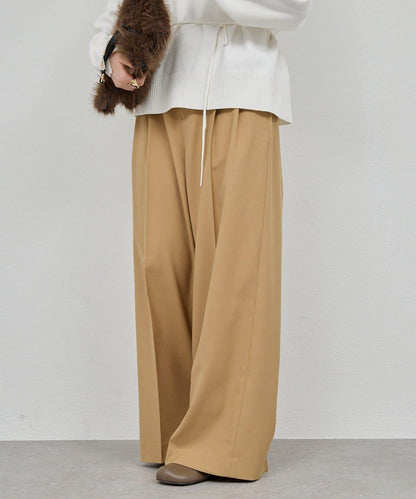 【近日開始】無腰帶褶皺寬腿褲