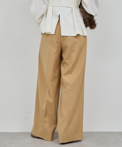 【近日開始】無腰帶褶皺寬腿褲