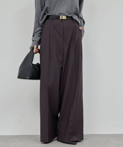 【近日開始】無腰帶褶皺寬腿褲