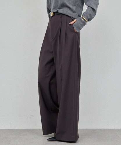 【近日開始】無腰帶褶皺寬腿褲