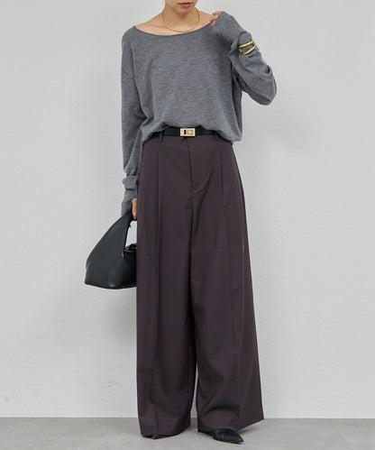 【近日開始】無腰帶褶皺寬腿褲