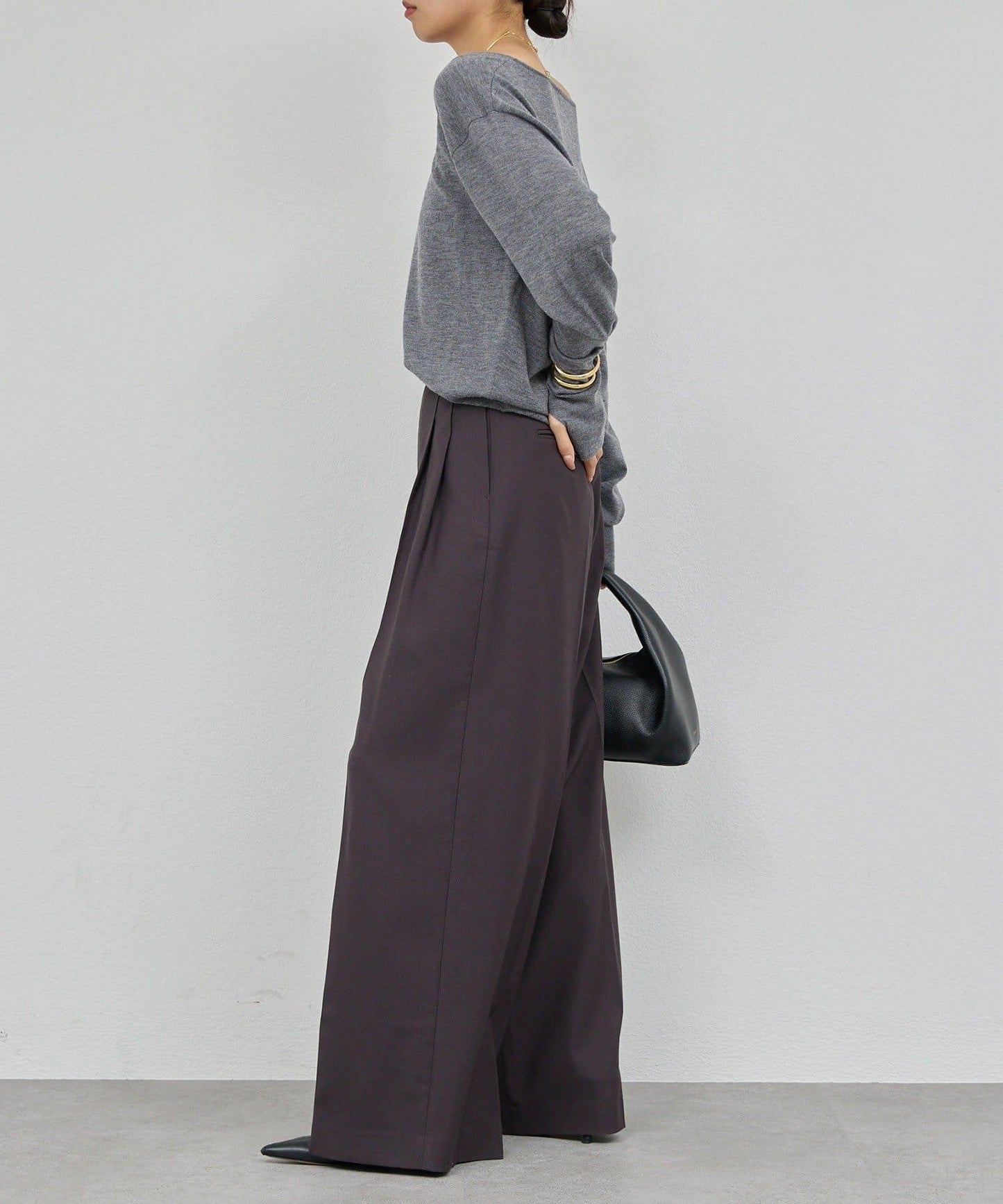 【近日開始】無腰帶褶皺寬腿褲