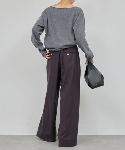 【近日開始】無腰帶褶皺寬腿褲