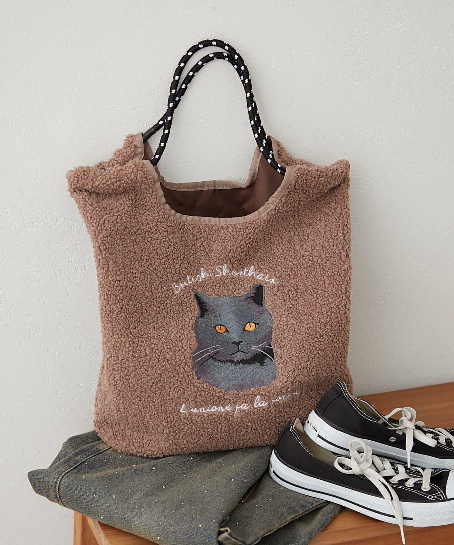 動物刺繡燈芯絨羊羔絨托特包