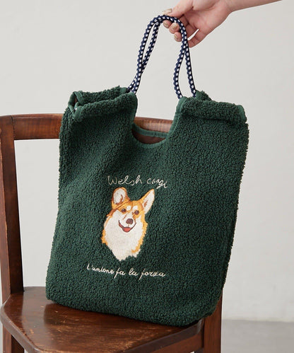 動物刺繡燈芯絨羊羔絨托特包