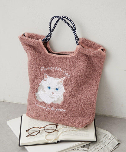 動物刺繡燈芯絨羊羔絨托特包