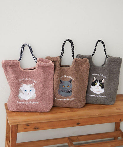 動物刺繡燈芯絨羊羔絨托特包