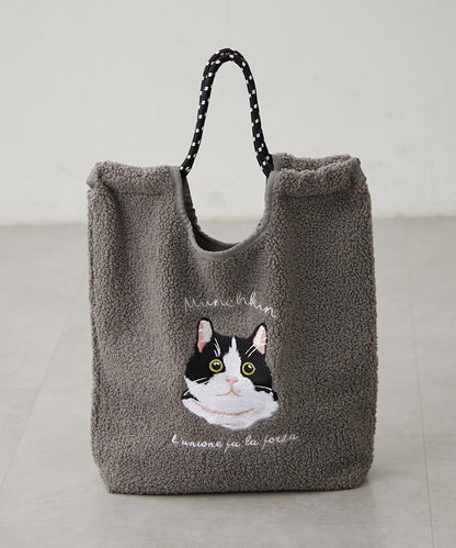 動物刺繡燈芯絨羊羔絨托特包