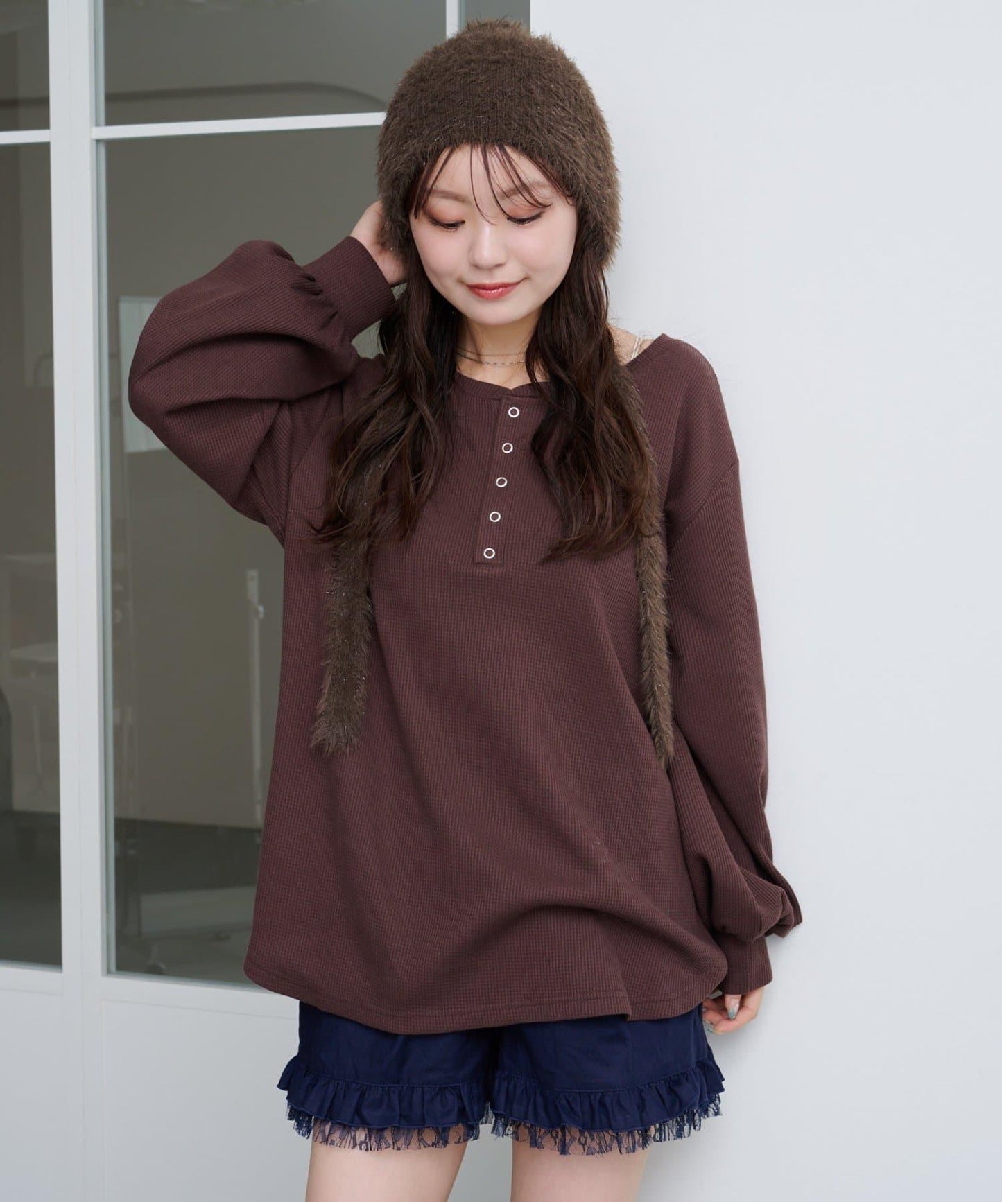 【S.M尺碼可選】華夫格亨利領套頭衫