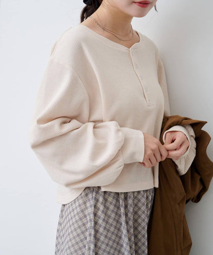 【S.M尺碼可選】華夫格亨利領套頭衫