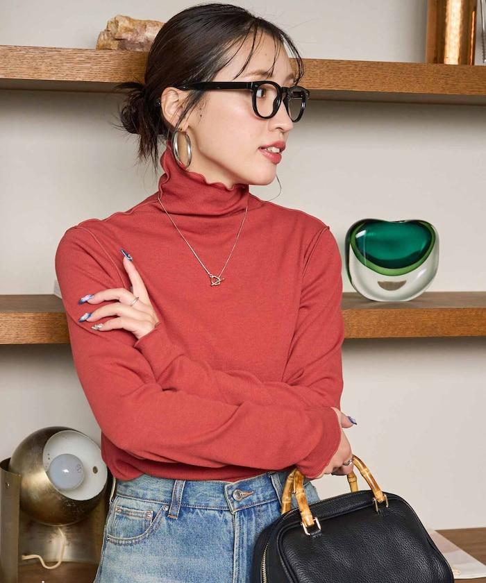 薑黃色荷葉邊高領長袖上衣