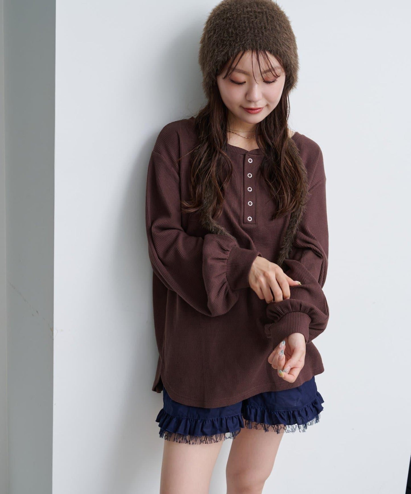 【S.M尺碼可選】華夫格亨利領套頭衫