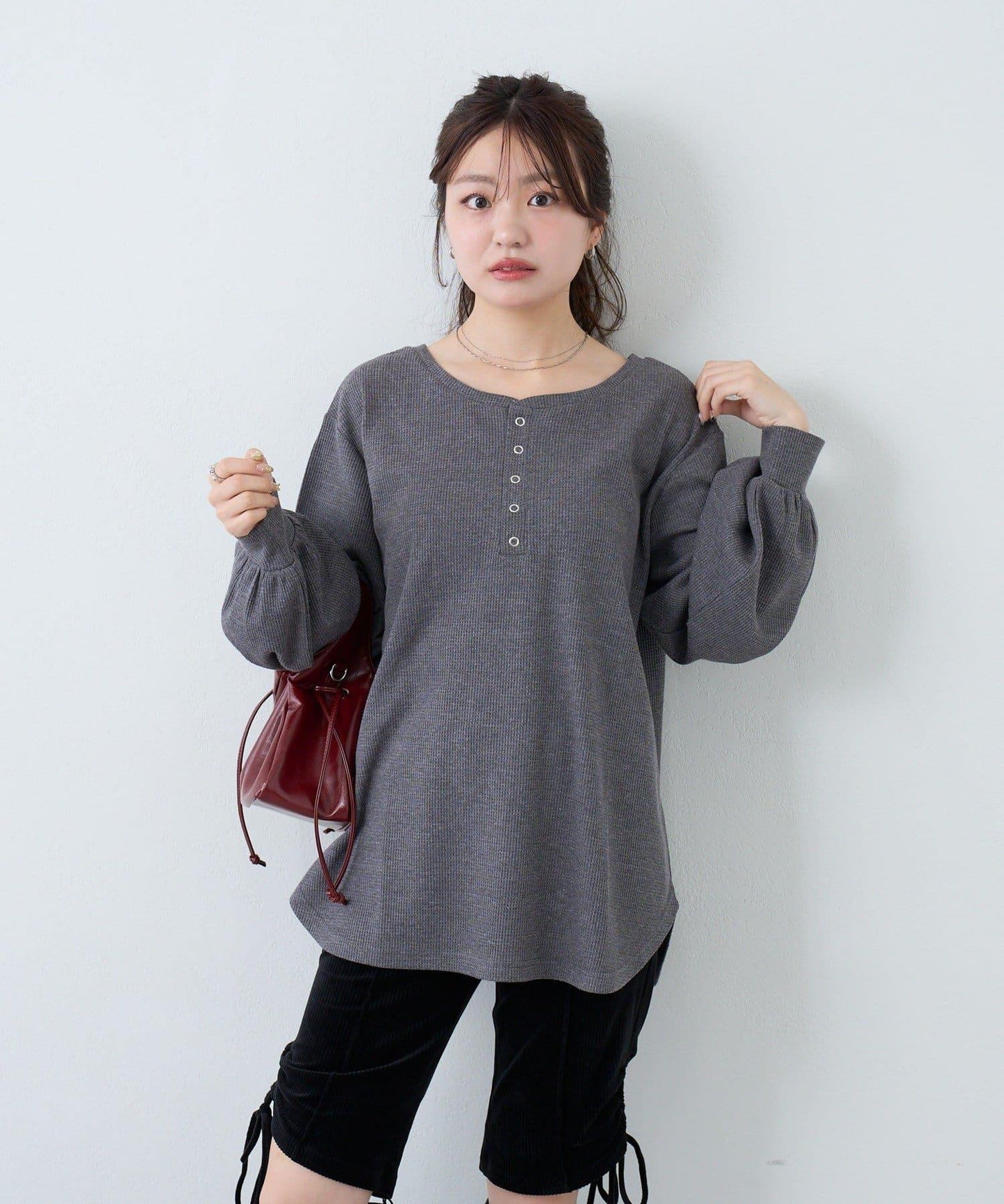 【S.M尺碼可選】華夫格亨利領套頭衫