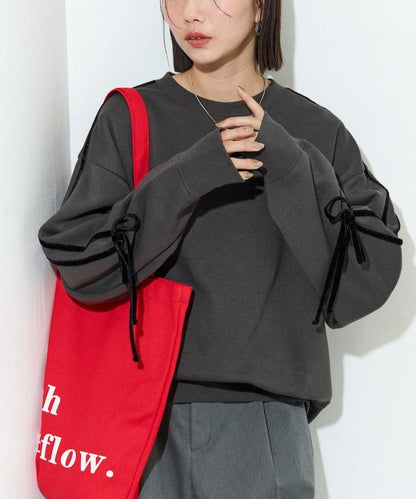 天鵝絨蝴蝶結條紋加絨衛衣套頭衫【限定展售】