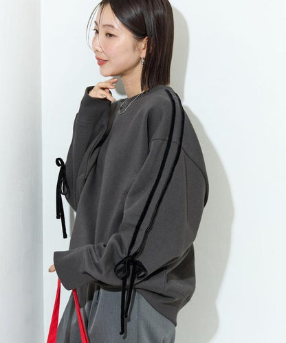 天鵝絨蝴蝶結條紋加絨衛衣套頭衫【限定展售】