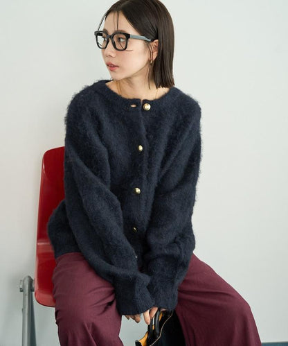 ミックスシャギー 金ボタン ニット カーディガン【限定展開】