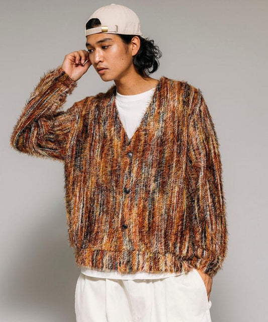 寬鬆版型長毛針織多色條紋開衫