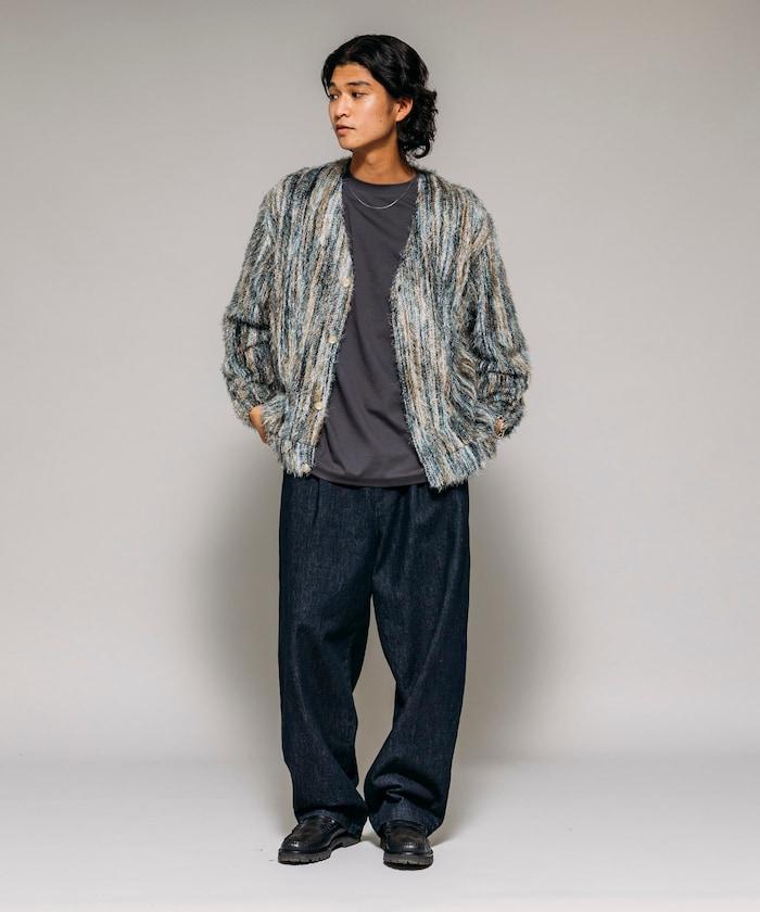 寬鬆版型長毛針織多色條紋開衫