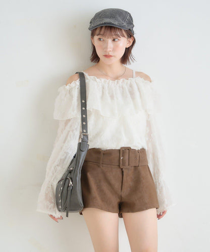【mystic】[mline]荷葉邊一字肩襯衫