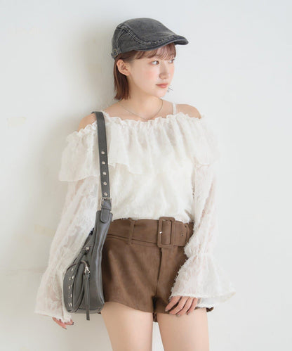 【mystic】[mline]荷葉邊一字肩襯衫