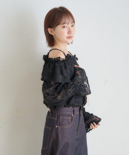 【mystic】[mline]荷葉邊一字肩襯衫