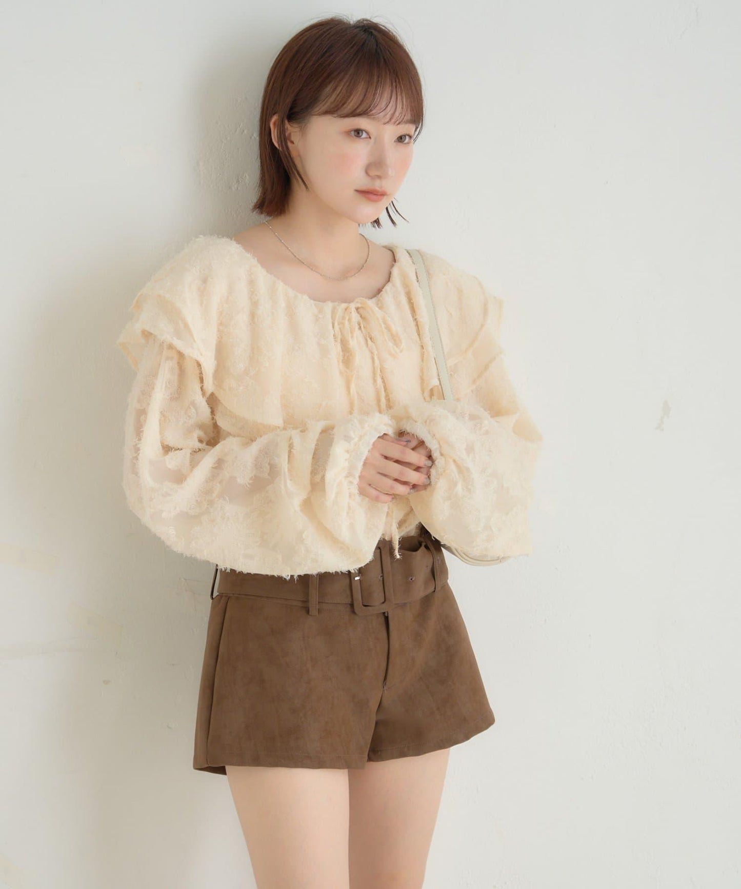 【mystic】[mline]荷葉邊褶皺雪紡襯衫