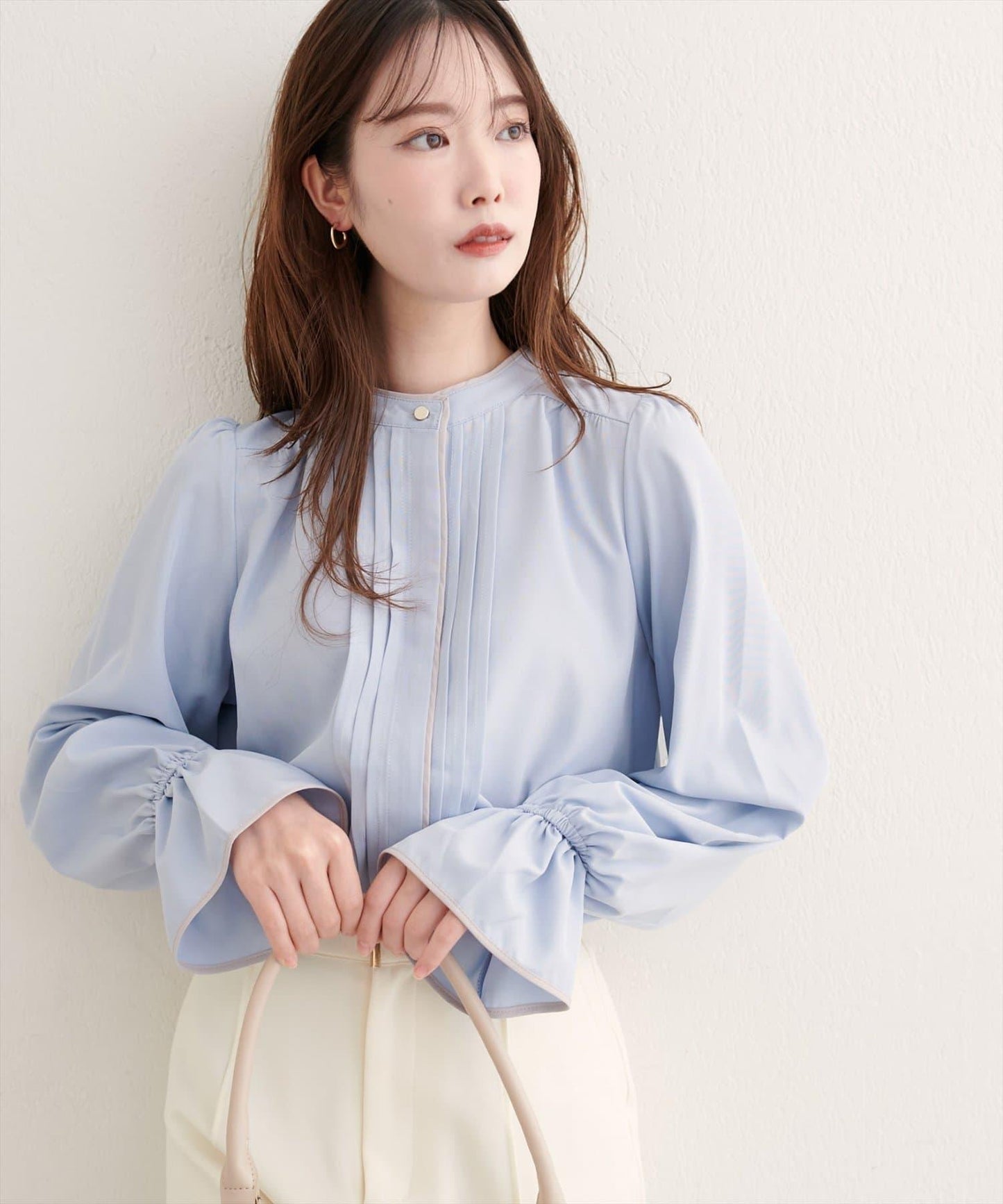 拼色滾邊褶皺女襯衫