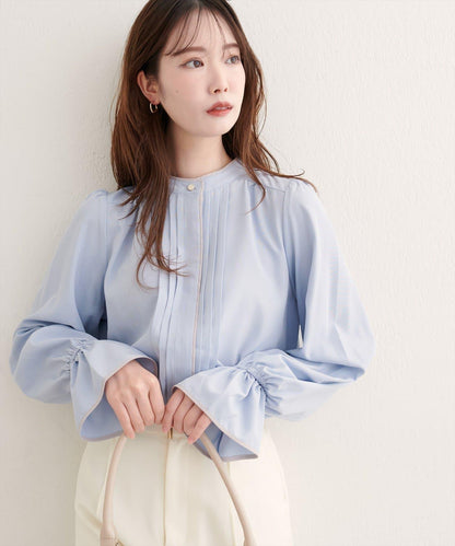 拼色滾邊褶皺女襯衫