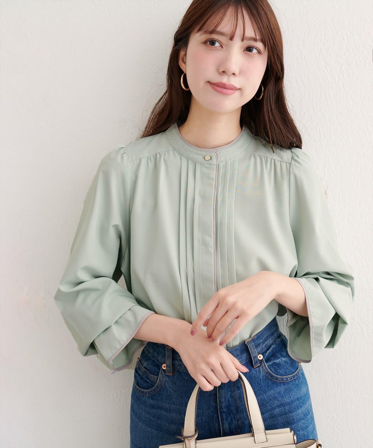 拼色滾邊褶皺女襯衫