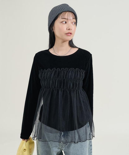 天鵝絨拼接網紗長袖T恤
