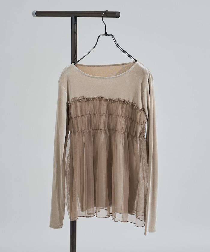 天鵝絨拼接網紗長袖T恤