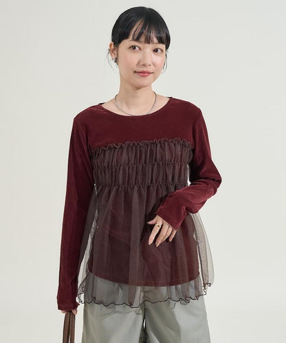 天鵝絨拼接網紗長袖T恤